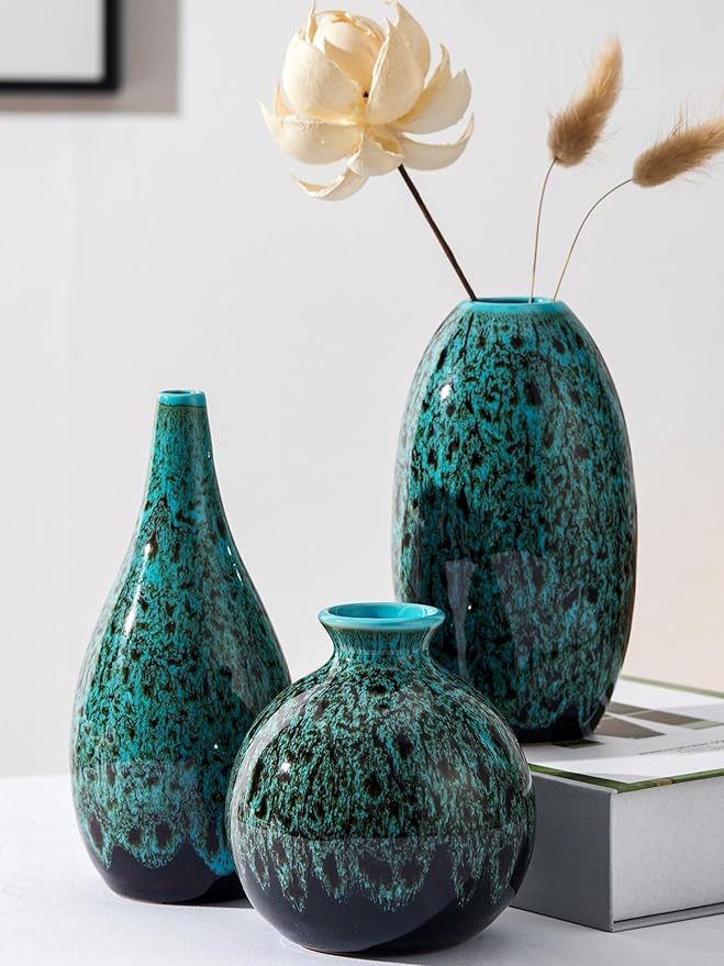 Ceramic Bud Vase Set, Fambe Blue Glazed Finish, Decorative Flower Vases (Blue-Set of 3)