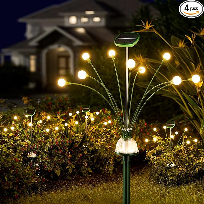 AOSEA 4 Pack Larger Bulbs Solar Garden Lights Outdoor, Solar Firefly Lights Fairy Swaying by Wind for Outside, IP67 Waterproof, for Patio Garden Yard Walkway Sidewalk, Black