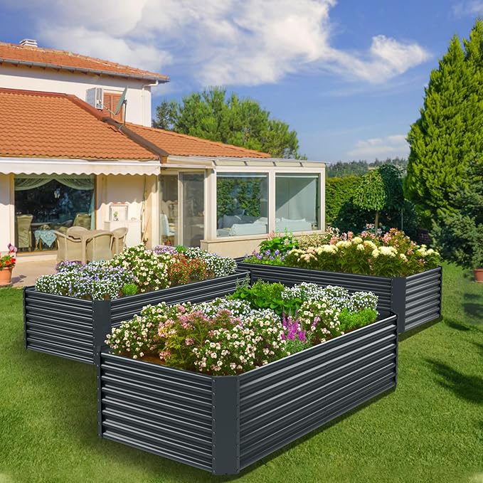 8x4x2ft Galvanized Raised Garden Bed Outdoor, Metal Garden Bed for Vegetables, Above Ground Garden Box for Flower, Steel Raised Beds for Gardening - Dark Gray