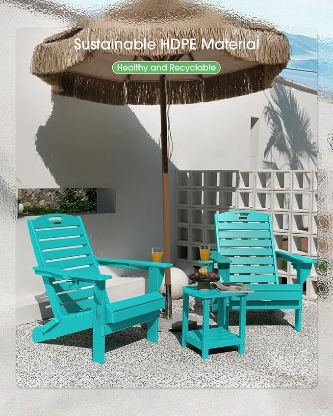 Folding Adirondack Chair HDPE All-Weather Adirondack Chairs with Cup Holder, Outdoor Fire Pit Chairs Lawn Chair for Deck Patio Garden (Lakeblue)