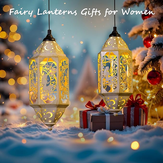 Outdoor Solar Lanterns Waterproof Fairy Moon Garden Gifts for Women Mom12.4‘’ Metal Garden Lanterns Hanging Light for Patio Backyard Decorations, Mothers Day Birthday Gifts (Gold White,2Pack)