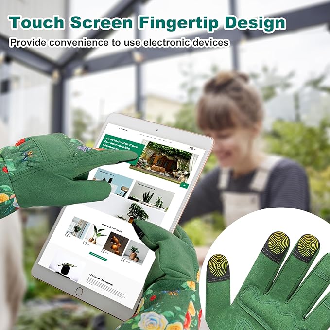 DLY Gardening Gloves,Leather Rose Gloves,Women's Long Gardening Glove for Work and Yard Work,Durable and Comfortable(Medium, Green
