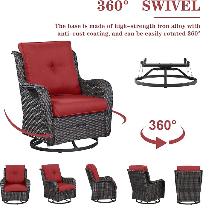 5 Piece Outdoor Patio Furniture Set - Wicker Furniture Patio Conversation Set, Outdoor Swivel Rocker Chairs with 3-Seater Sofa and 2 Ottomans for Small Space, Red Cushion