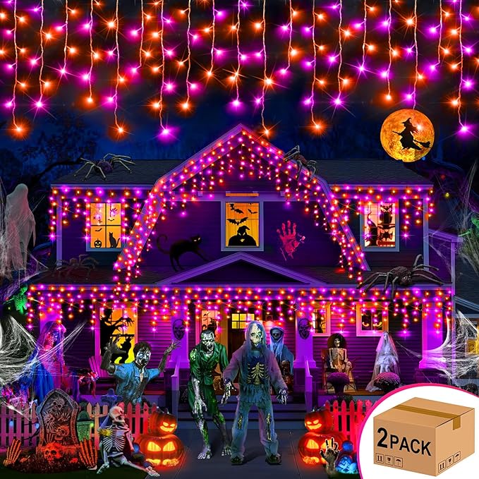 Hezbjiti 2Pack Total 800LED Halloween Lights Purple Orange Icicle Lights 32.8FT Halloween String Lights Outdoor Decoration 8 Modes 75 Drops Fairy Lights for Eaves Party Yard Garden Halloween Decor