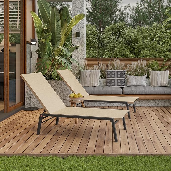 Patio Chaise Lounge Set of 2 with 4 Adjustable Backrest, Foldable Aluminum Chaise Lounge Chair Recliner for Outdoor, Poolside, Sun Tanning Flaxen