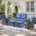 Outdoor Wicker Patio Furniture Set - 6 Piece Rattan Patio Conversation Set with 2 Rocking Swivel Chairs,2 Ottomans,1 Loveseat and 1 Side Table for Porch Deck Backyard Garden(Mixed Grey/Blue)