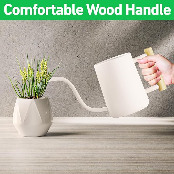 35 oz Metal Small Indoor Watering Can with Long Spout & Real Wood Handle for House Plants, Succulents, Cacti & Seedlings - White Long Spout Watering Can Indoor Plants - Stylish, Gentle Flow, No Spills
