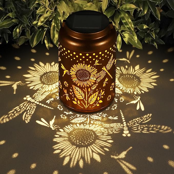 Solar Lanterns Outdoor Waterproof Hummingbird Garden Decor Christmas Gifts for Women Mom Grandma Hanging Lights Metal Decoration Outside for Yard, Patio,Backyard,Porch(Dragonfly and Sunflower)