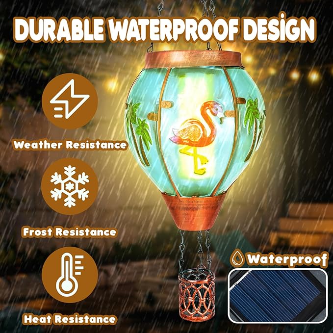 2 Pack Solar Hot Air Balloon Lantern With Flame, Flamingo Glass Solar Outdoor Lights for Patio Garden Decor, Gifts for Women Grandma Mom