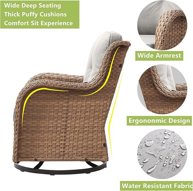 Outdoor Wicker Patio Furniture Set - 5 Pieces Rattan Patio Conversation Set with 2 Rocking Swivel Chairs,2 Ottomans and 1 Side Table for Porch Deck Backyard Garden(Yellow/Beige)