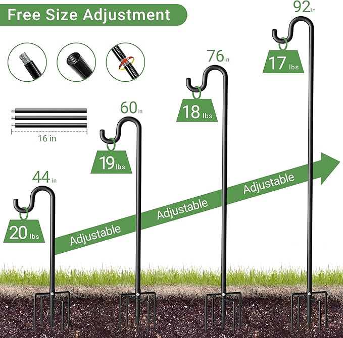 92" Shepherds Hooks for Outdoor, Extra Thick Bird Feeder Pole with 5 Prong Base, Adjustable Shepards Hook for Garden, Weddings, Hanging Plant，2 Pack