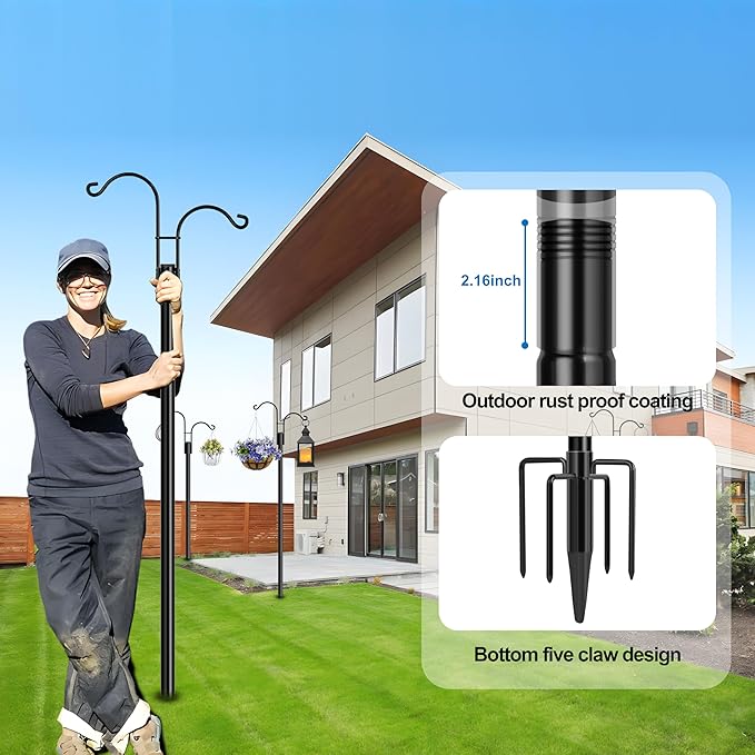 Ottsuls Bird Feeder Pole, 2 Pack 92 INCH Double Shepherds Hooks for Outdoor, Garden Pole with 5 Base Prongs Heavy Duty Planter Hooks for Hanging Plant Baskets, Lantern, Hummingbird Feeder