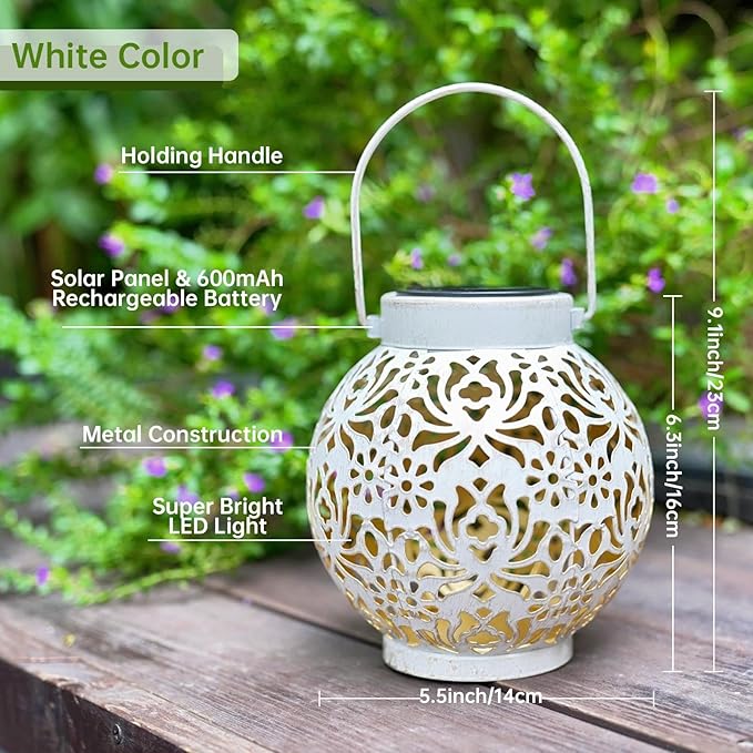 Set of 2 Outdoor Solar Hanging Lantern Lights Metal LED Decorative Lamp for Garden Patio Courtyard Lawn and Table with Hollowed-Out Design (White)