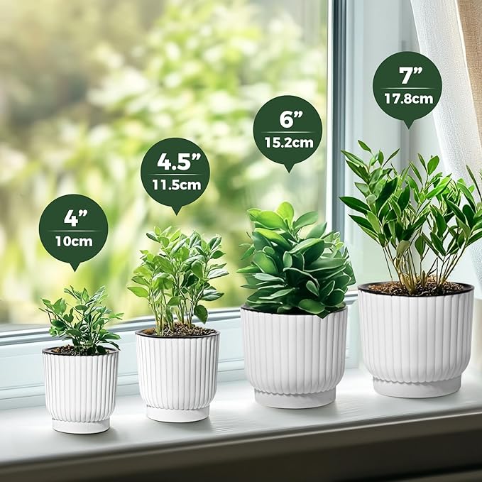 T4U 7 Inch Self Watering Pots for Indoor Plants, 4 Pack White Plastic Flower Pots for All House Plants, Flowers, African Violets