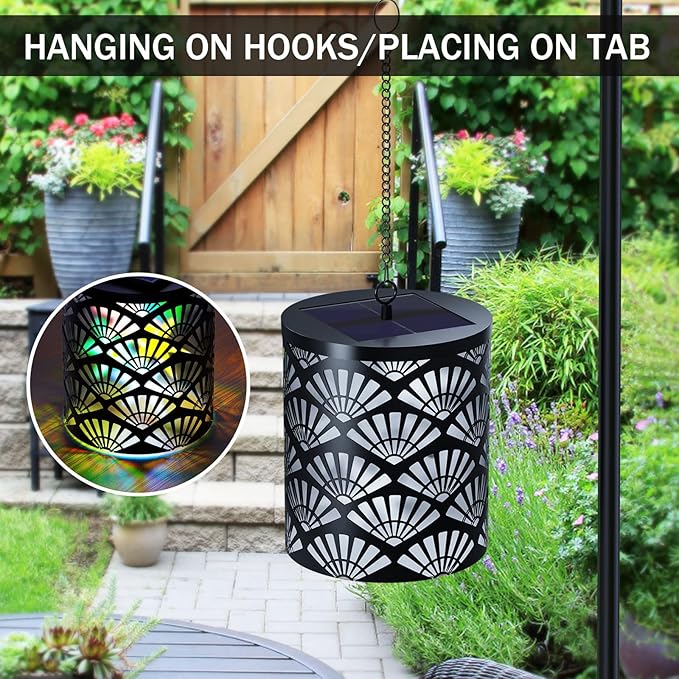 RGB Solar Lanterns Outdoor Waterproof Hanging Solar Lights Gifts for Men Women Metal Decorative LED Lanterns for Yard, Patio, Lawn, Tabletop, Pathway, Landscape, Garden Decor Fan Style(1 Pack)
