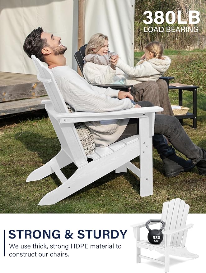 KINGYES HDPE Adirondack Chair Set of 2, Classic All-Weather Outdoor Patio Adirondack Chair, White