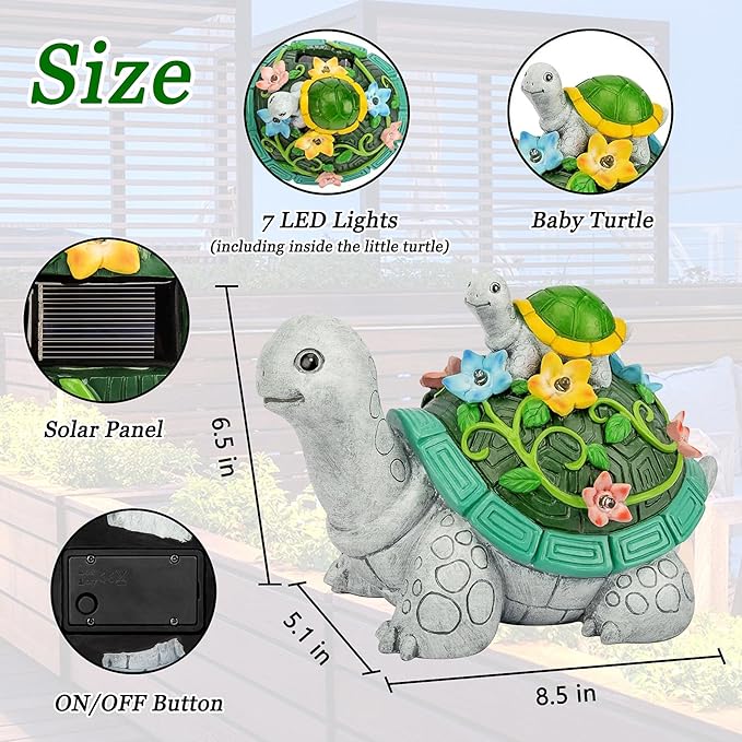 LESES Garden Statues, Turtle Solar Statue Garden Decor Clearance, Cute Turtle Figurines with Baby & 7 LED Solar Lights Lawn Decorations for Patio Yard Gifts for Mom Grandma Housewarming