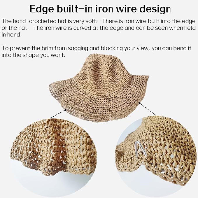 Womens Straw Beach Sun Hats, Foldable Packable Floppy Handmade Crochet Hats for Women,Large Summer Vacation Wide Brim Hat