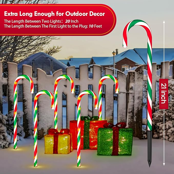WeGuard 10PK Christmas Candy Cane Pathway Lights Outdoor Decorations 21" 8 Lighting Modes Flashing Waterproof Outdoor Lighted Christmas Decor for Garden Yard (Red&Green)
