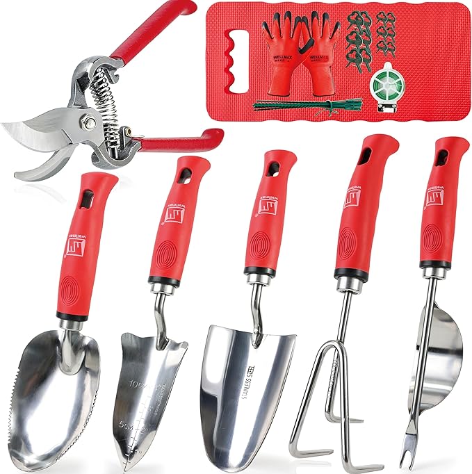 Wellmax 12-Piece Heavy-Duty Garden Tools Set with Bonus Accessories – Heavy Duty Garden Tools with Non-Slip Rubber Grip, Perfect for Digging, Weeding, Pruning & Planting