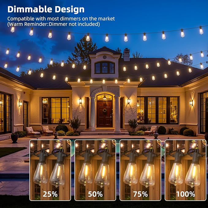 LED Outdoor String Lights, 25FT Outside Waterproof Patio Lights with 12+1 Shatterproof ST38 Edison Bulbs, 2700K Warm White Hanging Light, Dimmable Light for Back Yard Porch Party Gezebo