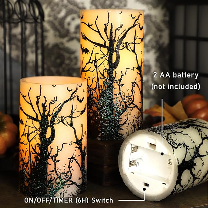 Halloween Decor Flameless Candles Set of 3 Black Spooky Bats Decal Flickering Candles Battery Operated with Remote Real Wax LED Pillar Candles for Halloween Party Horrible Theme Decor