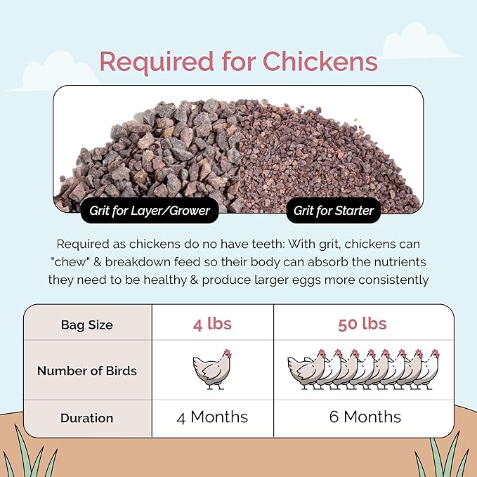 Chicken Grit for Layer & Grower Chickens Age 8-20+ Weeks - 100% Natural Mineral Chicken Grit Quartzite, Poultry Grit, USA Mined, 4 lbs