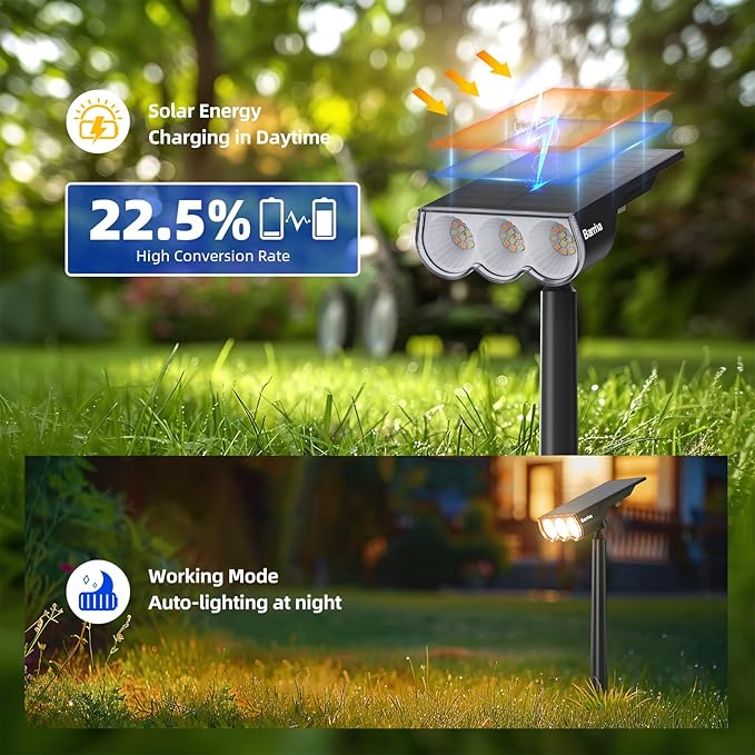 Barrina 36 LEDs Landscape Solar Spotlights, Solar Powered Dusk-to-Dawn Outdoor Garden Lights, 6500K & 2700K, 360° Horizontal Adjustable Spotlights for Garden Yard Patio Driveway Porch, 4 Packs