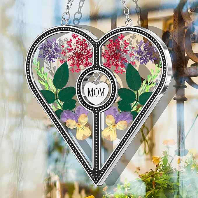 KY&BOSAM Heart Suncatcher Mom Stained Glass for Windows Hangings Wind Chimes with Pressed Flower Heart in Glass with Metal Trim Heart Charm Birthday Gifts for Women Mother`s Day Christams Home Decor