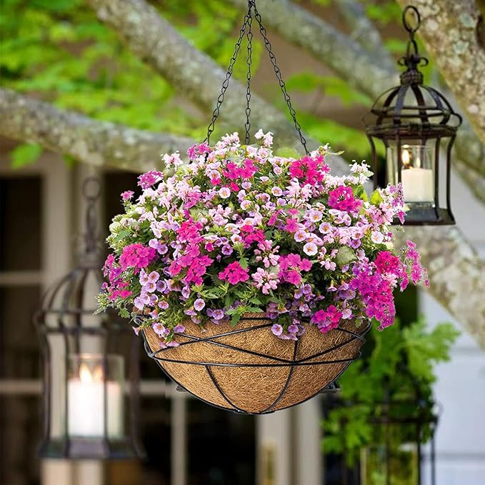 4 Pack 12 Inch Hanging Planters for Outdoor Plants Metal Watering Flower Baskets with Coco Liner for Hanging Pot Round Plant Holders Planter for Outside Garden Decoration