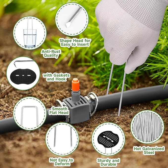 Landscape Staples Set,6 Inch 11 Gauge 200pcs Galvanized Garden Stakes and 200pcs Gaskets +1Pick Hook,U-Shaped Tent Stakes Landscaping Fabric SOD Pins for Weed Fabric Barrier,Groud Cover,Fence