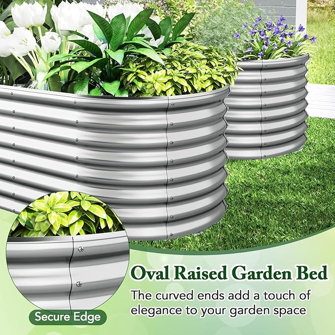 Giantex 5x3x2ft Raised Garden Bed, Large Metal Elevated Oval Planter Bed, 193 Gallon Capacity, Outdoor Planting Garden Box for Vegetable Flower Herb Grow (Silver)