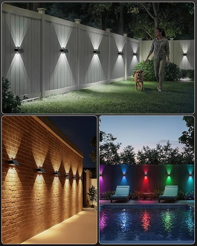 Bridika Solar Fence Lights, 12 Pack Up and Down Solar Lights Outdoor Waterproof, 8 Colors Lens LED Dusk to Dawn Wall Lights for Fence, Patio, Deck, Backyard, Garden