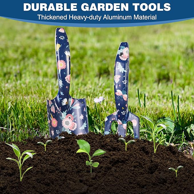 WORKPRO Aluminum Garden Tool Set, 4PCS Heavy Duty Hand Garden Tools with Box Include Trowel, Rake, Pruner, Garden Gloves, Floral and Insect Printing, Garden Gifts
