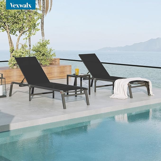 Pool Lounge Chairs Set of 2, Foldable Aluminum Chaise Lounge Outdoor with 5 Positions Recliner - Free Assembly - Patio Chaise Lounge Chair for Poolside, Beach, Yard (Black, 2 Pack)