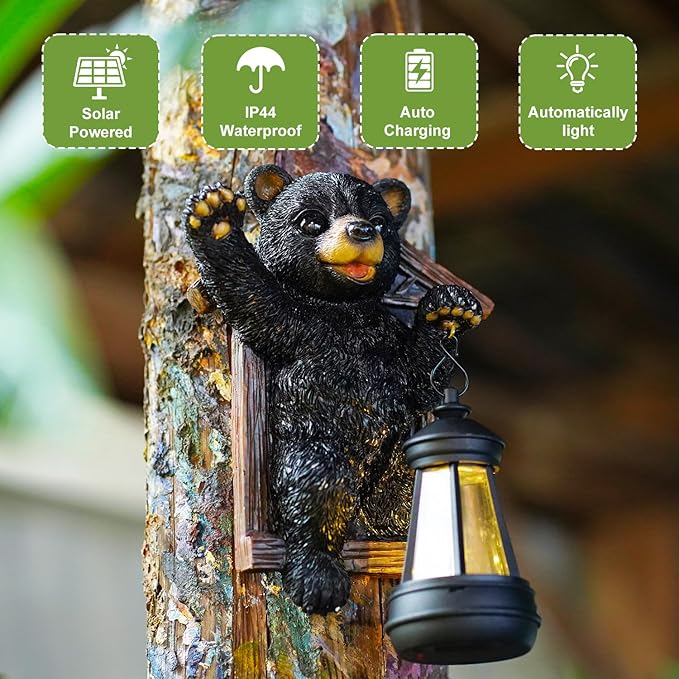 Black Bear Decor with Solar Lantern Tree Hugger - 7 Inch Bear Statue Outdoor Garden Yard Decor,Best Bear Garden Gifts for Mom,Women