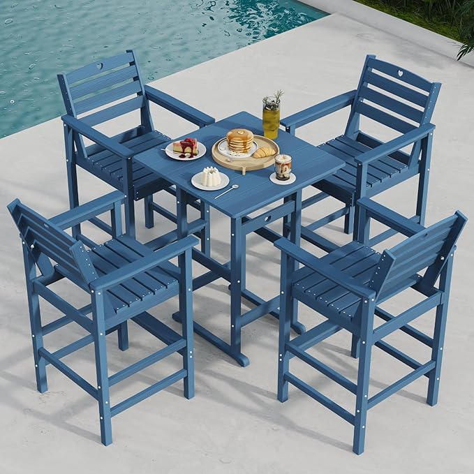 Tall Adirondack Chairs Set of 4, HDPE Wood Balcony Adirondack Chairs Set with Heart Cutout Design, Weather-Resistant Bar Height Furniture for Deck, Porch, Pool (Navy Blue)