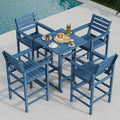 5-Piece Bar Height Outdoor Table and Chairs Set, HDPE Wood Grain Patio Bar Table and Chairs with Heart Cutout Design, Weather-Resistant Bar Height Furniture for Deck, Porch, Pool (Navy Blue)