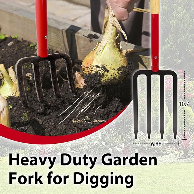 Heavy Duty Garden Fork for Digging, 4 Tines Pitch Fork for Gardening Compost, Garden Pitch Fork with Wooden Handle, 45 Inches