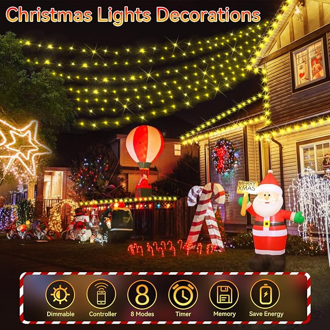 Hezbjiti 1000 LED 403 FT Christmas String Lights Outdoor, 8 Lighting Modes IP44 Waterproof Fairy Lights with Timer and Dimmable Function for Home Party Tree Decorations (Warm White, Clear Wire)