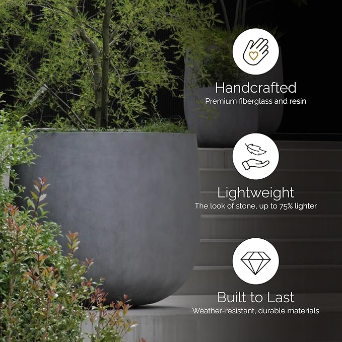 Mondo Large Planter – Brown Stone Finish – Fiberglass Indoor/Outdoor and Weather-Resistant Round Planter (33" D x 31.3" H Exterior, 31.5" D x 30.7" H Interior)