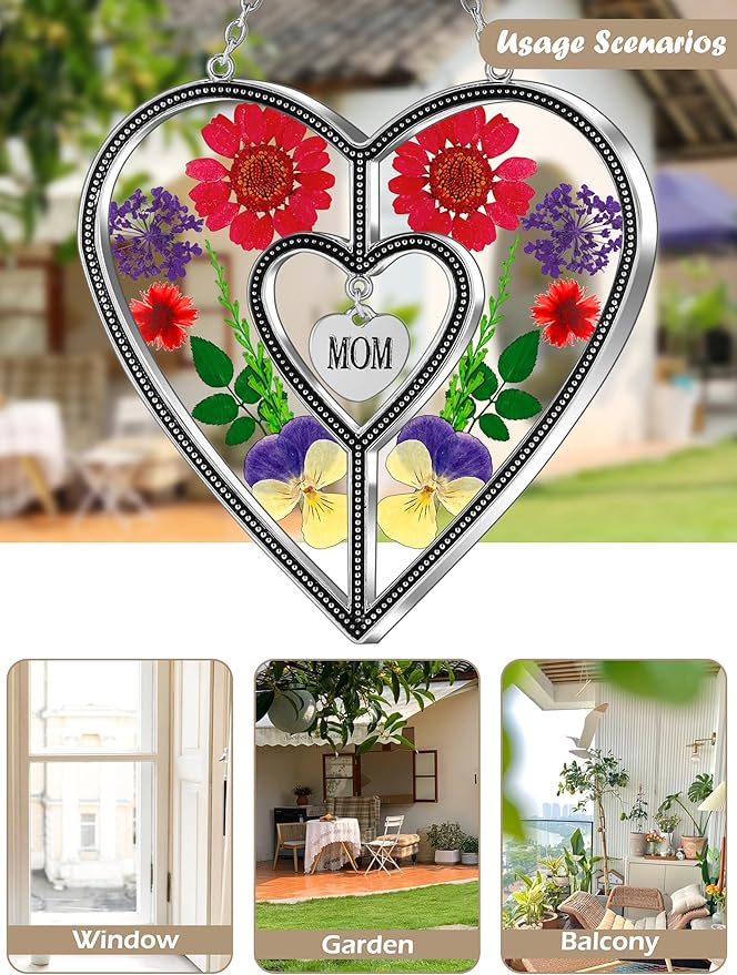 KY&BOSAM Heart Suncatcher Mom Gift Ornament Stained Glass Panles Hangings for Windows Sun Catcher with Pressed Flower Heart in Glass Birthday Gifts for Women Mother`s Day Christmas Home Garden Decor