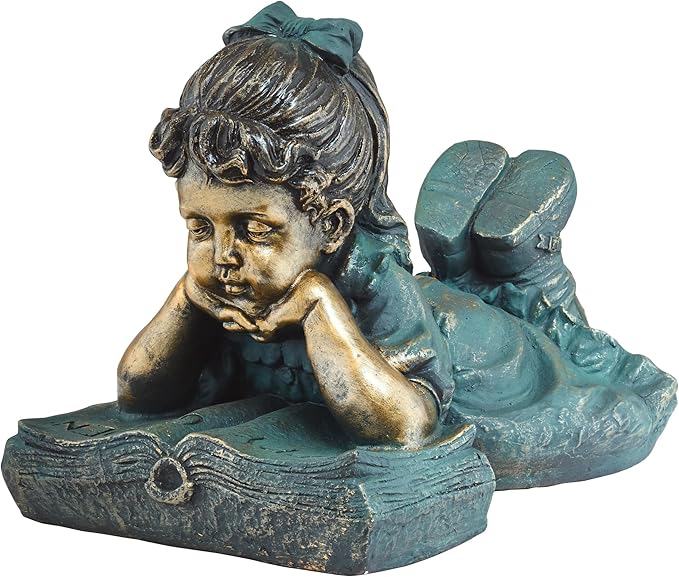 Alpine Corporation 16" Tall Indoor/Outdoor Girl Laying Down Reading Book Statue Set Yard Art Decoration