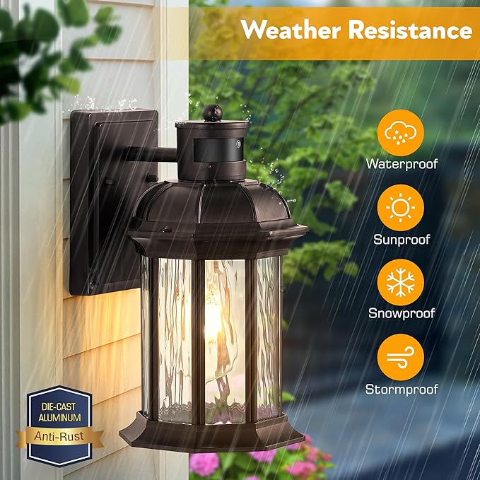 VIANIS Outdoor Light Fixture with Motion Sensor, 2 Packs Oil Rubbed Bronze Dusk to Dawn Exterior Garage Wall Sconce Lighting, 100% Aluminum Outside Porch Lights for House with Tempered Ripple Glass
