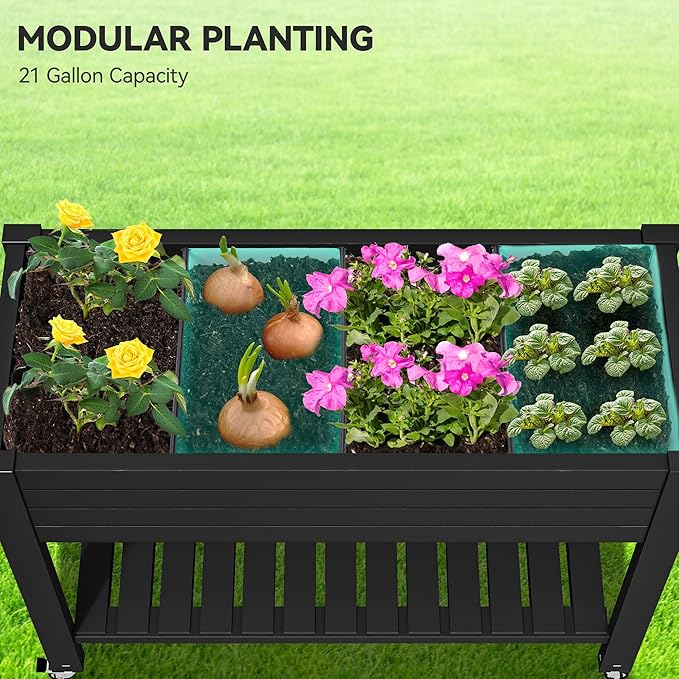 YITAHOME 3.6x1.5x2.8 FT Elevated Garden Bed Kit with Legs and Wheels, Outdoor Large Resin Planter Box Stand with Drain Plug and Storage Shelf for Plants Vegetables Fruits, Black