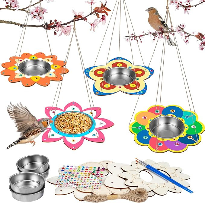 Fennoral 4 Pack Bird Feeder Kits for Kids Make Your Own Bird Feeders Wooden Arts and Crafts for Kids Ornaments DIY to Paint Bird Feeders Craft for Spring Winter Garden Outdoor Activities Project