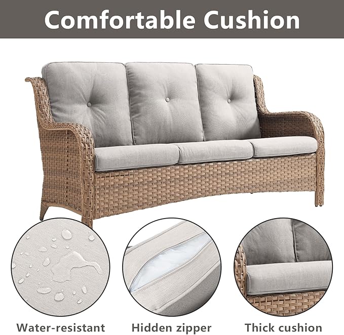 Outdoor Wicker Patio Furniture Set - 5 Piece Rattan Patio Conversation Set with 2 Rocking Swivel Chairs,2 Ottomans and 1 Sofa for Porch Deck Backyard Garden(Yellow/Beige)