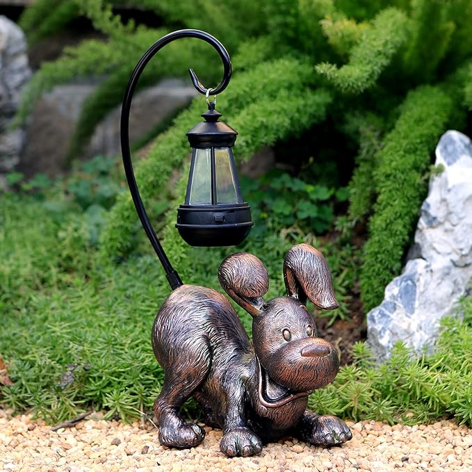 Laughing Dog Figurine with Solar-Powered LED Light 15.9 Inches Tall Antique Bronze, Perfect for Gift Garden Decor or Housewarming for Dog Lovers