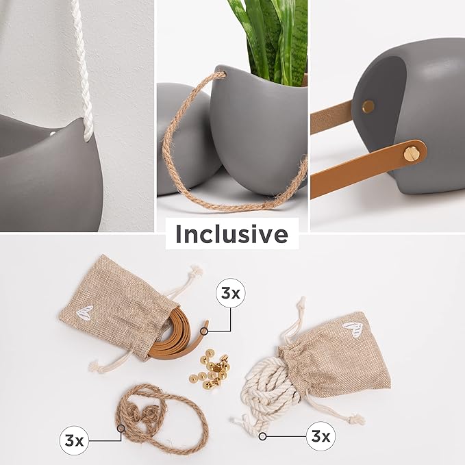 Wall Planters -Ellie- | Hanging Ceramic Plant Pots 3 Pieces | Wall Decoration for Indoors, Balcony and Garden | Grey (Matte)