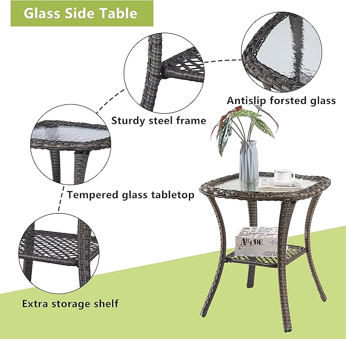 Patio Tables Wicker Side Table - Rattan End Table with Glass Top for Outdoor Outside Patio Porch Deck Square Mixed-Grey